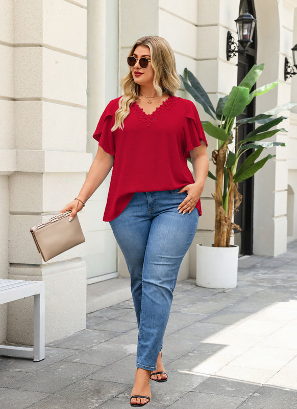 Women's Red V-Neck Blouse – Floral Lace Trim, Plus Size