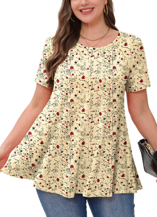 Women's Yellow Floral Swing Tunic Top – Short Sleeve, Plus Size
