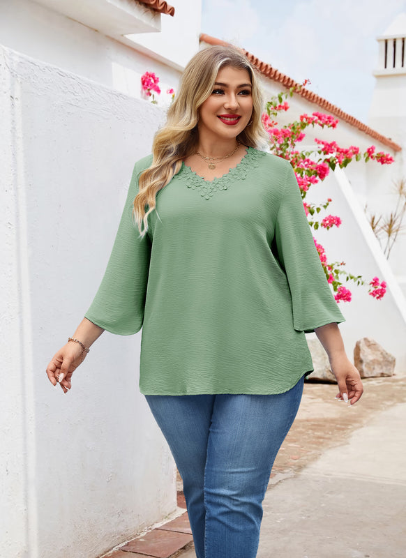 Women's Plus Size Sage Green Floral Trim V-Neck Blouse | 3/4 Sleeve Tunic Top