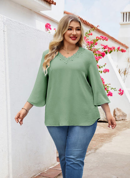 Women's Plus Size Sage Green Floral Trim V-Neck Blouse | 3/4 Sleeve Tunic Top