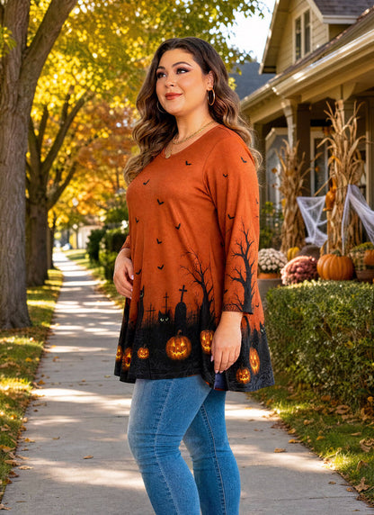 Women's Orange & Black Swing Tunic Top – 3/4 Sleeve, Plus Size
