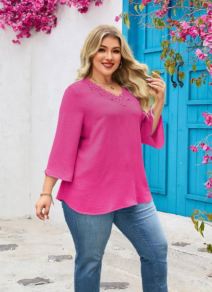 Women's Plus Size Hot Pink Floral Trim V-Neck Blouse | 3/4 Sleeve Tunic Top