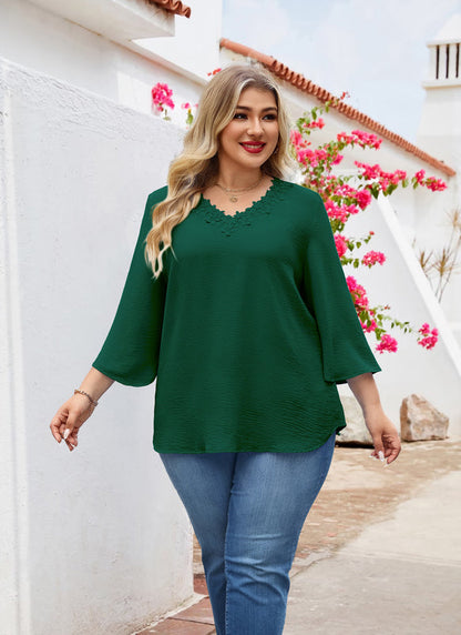 Women's Plus Size Floral Trim Tunic Top | 3/4 Sleeve V-Neck Blouse – Green