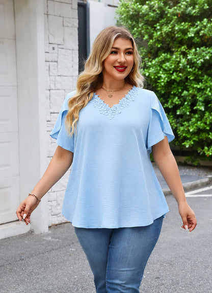 Women's Plus Size Light Blue Floral Trim V-Neck Blouse | Flutter Sleeve Tunic Top