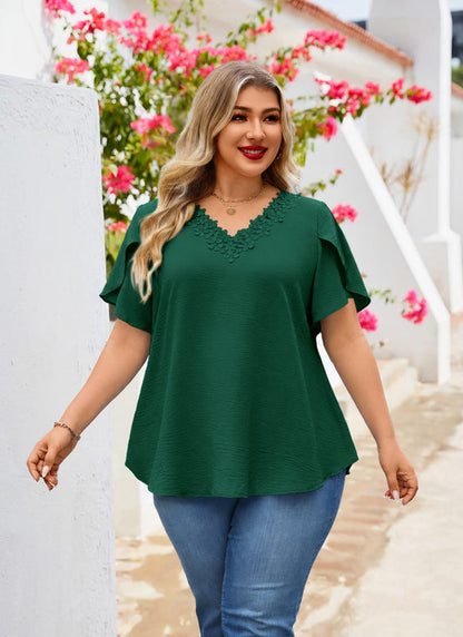 Plus Size Top V Neck Short Sleeve Blouses for Curvy Women Loose Fit Dressy Floral Trim Ladies Tunic
