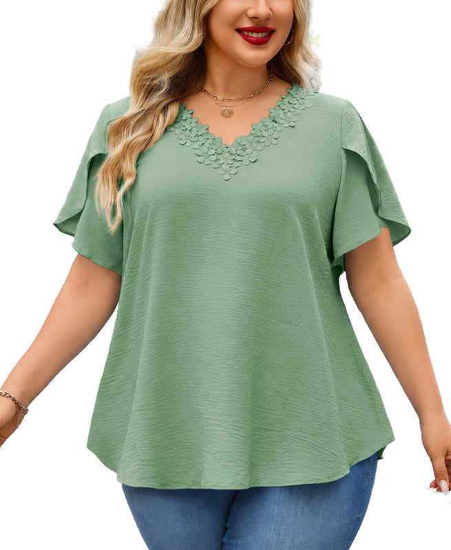 Women's Plus Size Floral Trim Tunic Top | V-Neck Short Sleeve Blouse – Sage Green