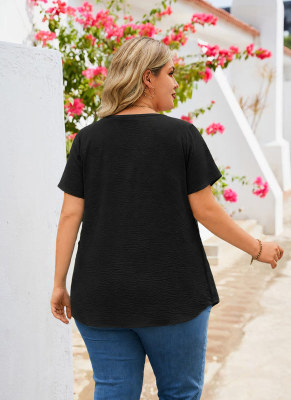 Women's Plus Size Black Floral Trim V-Neck Blouse | Flutter Sleeve Tunic Top