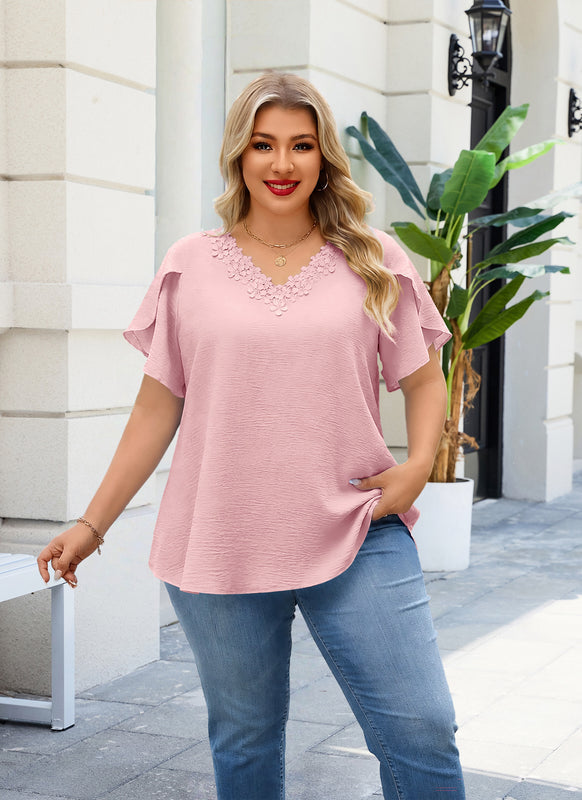 Women's Plus Size Pink Floral Trim V-Neck Blouse | Flutter Sleeve Tunic Top