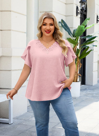 Women's Plus Size Pink Floral Trim V-Neck Blouse | Flutter Sleeve Tunic Top