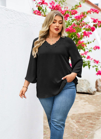 Women's Plus Size Floral Trim Tunic Top | 3/4 Sleeve V-Neck Blouse – Black
