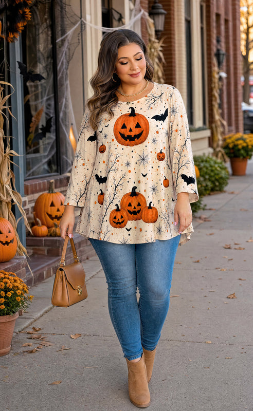 Women's Halloween Pumpkin Tunic Top – 3/4 Sleeve, Plus Size
