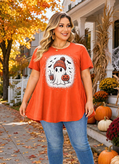 Women's Halloween Orange Tunic Top – Festive Print, Plus Size