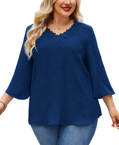 Women's Plus Size Navy Blue Floral Trim V-Neck Blouse | 3/4 Sleeve Tunic Top