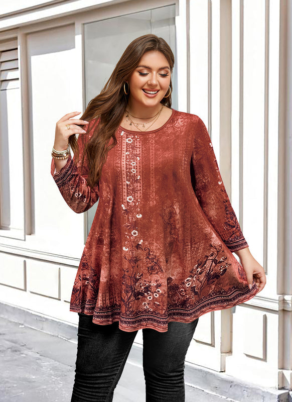 Women's Plus Size Rust Boho Floral Tunic Top – 3/4 Sleeve Vintage Embroidery Print Blouse