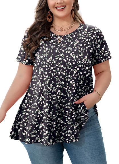 Women's Plus Size Black & White Floral Tunic Top – Short Sleeve Swing Blouse