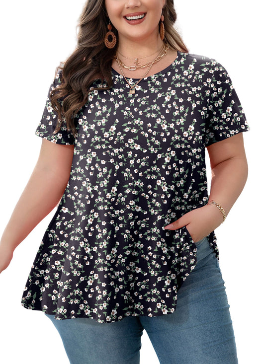 Women's Plus Size Black & White Floral Tunic Top – Short Sleeve Swing Blouse
