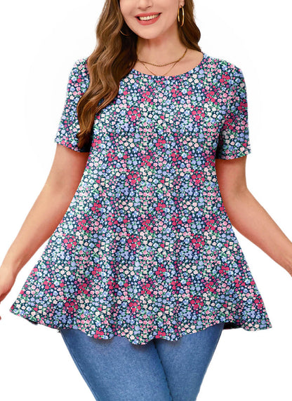 Women's Plus Size Ditsy Floral Tunic Top – Short Sleeve, Flowy Swing Blouse to Wear with Leggings