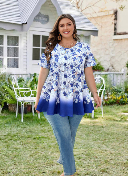 Women's Plus Size Floral Tunic Top – Short Sleeve, Flowy Swing Blouse to Wear with Leggings
