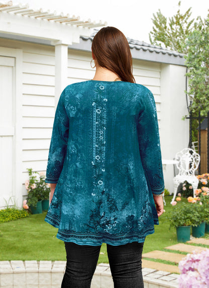 Women's Plus Size Teal Floral Tunic Top – 3/4 Sleeve Swing Flare Blouse