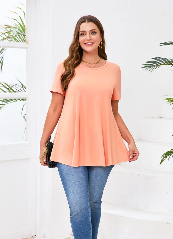 Women's Plus Size Swing Tunic Top – Short Sleeve, Flowy Flare, Crew Neck Blouse to Wear with Leggings