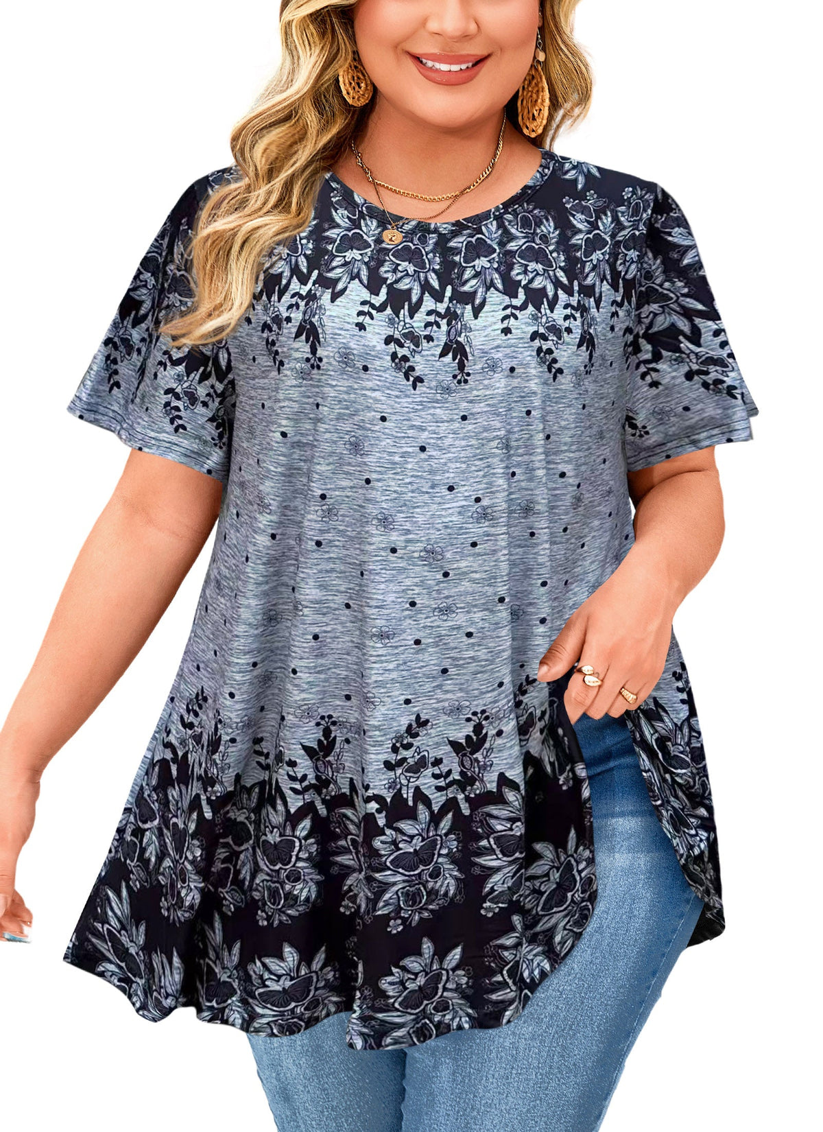 Women's Plus Size Grey Solid Tunic Top – Short Sleeve Swing Blouse