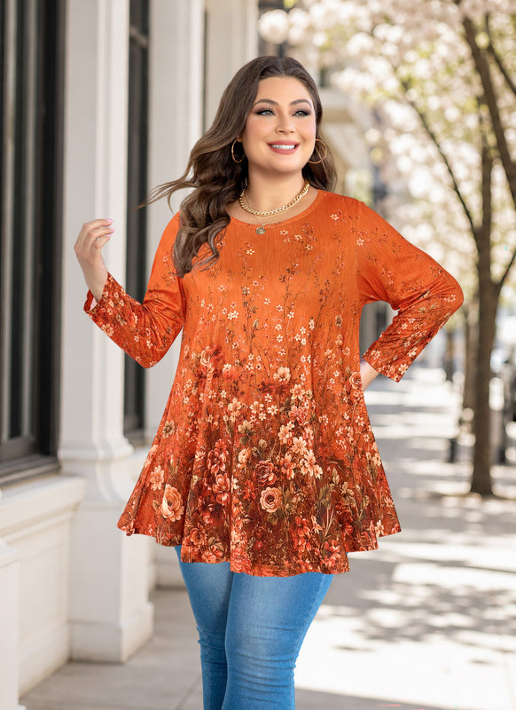 Women's Orange & Black Plus Size Tunic Top – 3/4 Sleeve Flowy Blouse