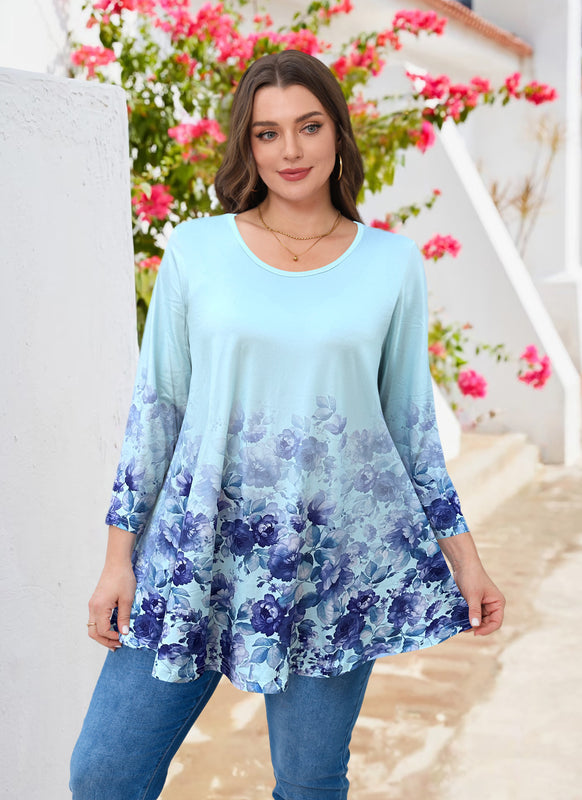 Women's Plus Size Blue Floral Ombre Tunic Top – 3/4 Sleeve Swing Flare Blouse