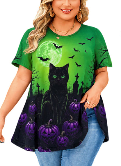Women's Halloween Green Tunic Top – Witchy Print, Plus Size