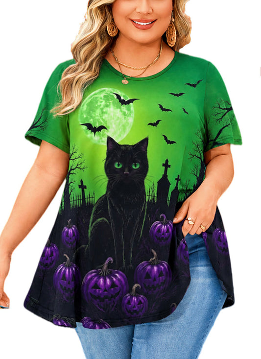 Women's Halloween Green Tunic Top – Witchy Print, Plus Size