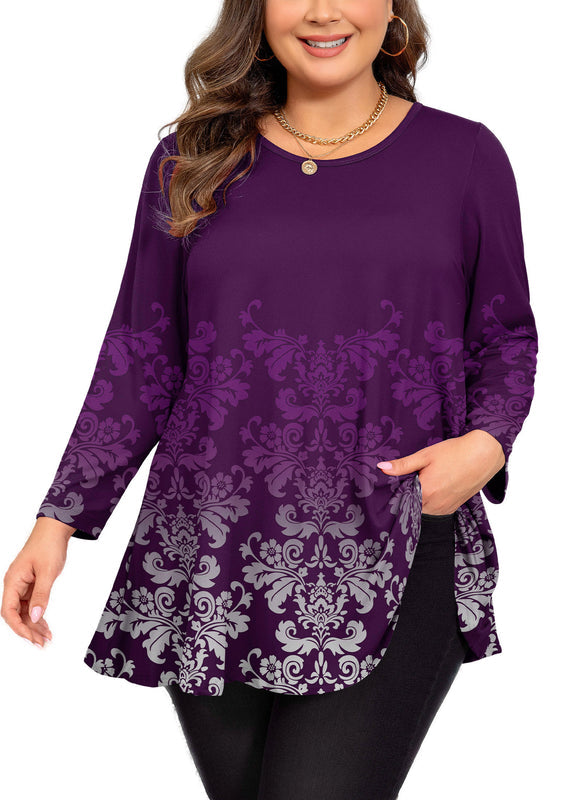 Women's Plus-Size Purple Floral Peplum Top – 3/4 Sleeve Flared Hem