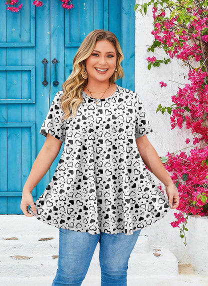 Women's White & Black Swing Tunic Top – Short Sleeve, Plus Size