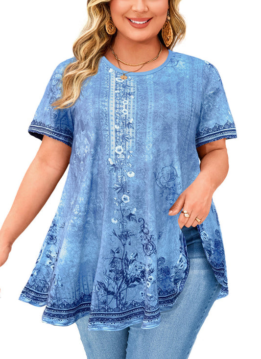 Women's Plus Size Vintage Floral Tunic Top – Short Sleeve, Boho Swing Blouse to Wear with Leggings