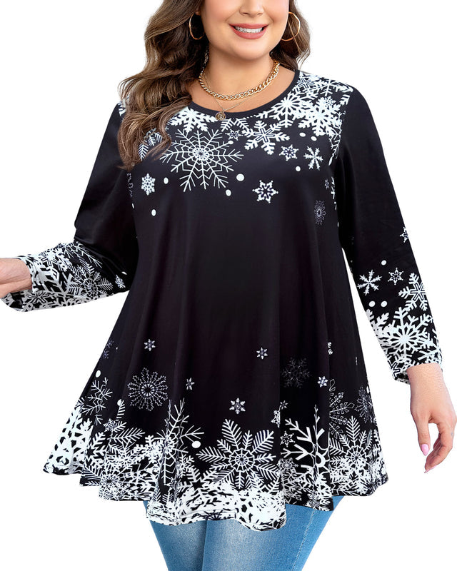 Women's Plus Size Black Christmas Snowflake Tunic Top – 3/4 Sleeve Holiday Swing Blouse