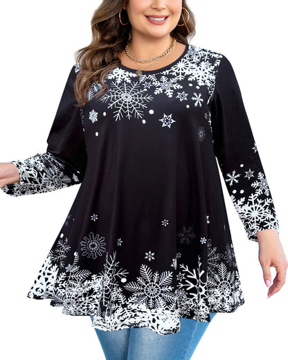 Women's Plus Size Black Christmas Snowflake Tunic Top – 3/4 Sleeve Holiday Swing Blouse