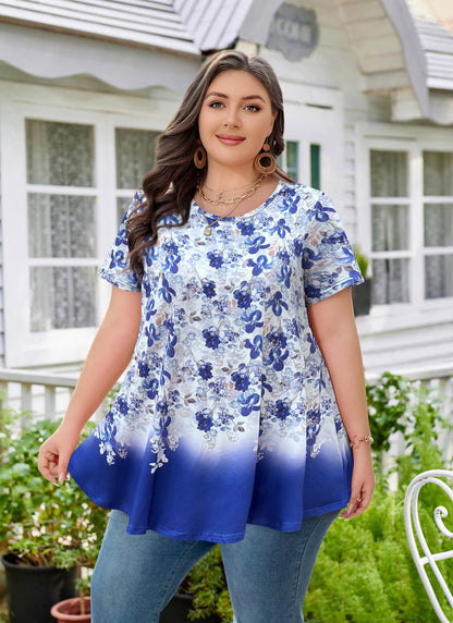 Women's Plus Size Floral Tunic Top – Short Sleeve, Flowy Swing Blouse to Wear with Leggings
