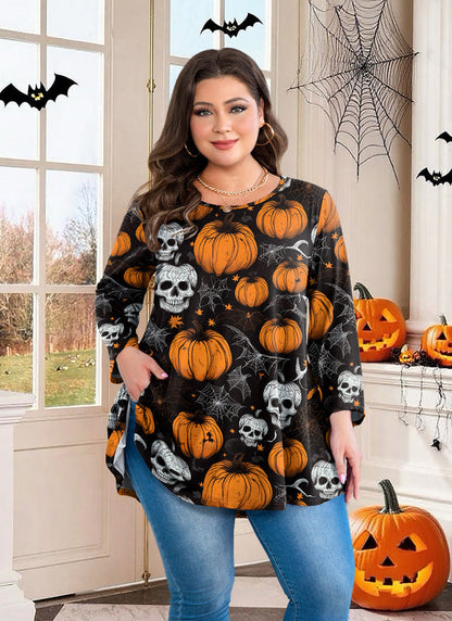 Halloween Pumpkin Skull Print Tunic Top – Women's Plus Size 3/4 Sleeve Swing Blouse (S–7XL)