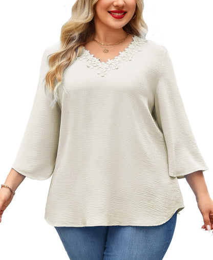 Women's Plus Size Floral Trim Tunic Top | V-Neck 3/4 Sleeve Blouse