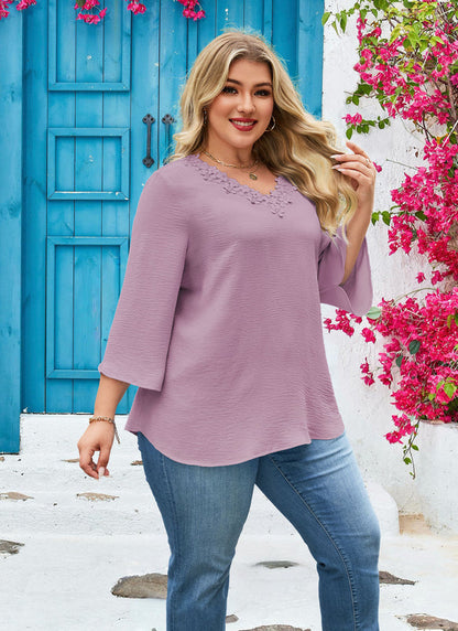 Women's Plus Size Purple Floral Trim V-Neck Blouse | 3/4 Sleeve Tunic Top