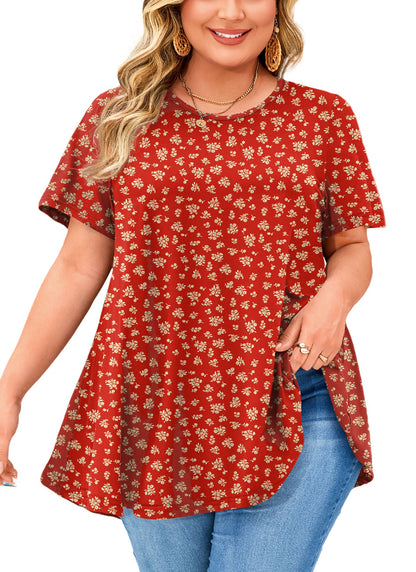 Rust Red Ditsy Floral Print Tunic Top – Women's Plus Size Short Sleeve Swing Blouse to Wear with Leggings (S–7XL)