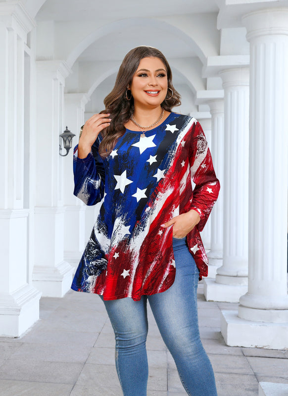Women's Plus Size American Flag Tunic Top – 3/4 Sleeve Patriotic Swing Flare Blouse