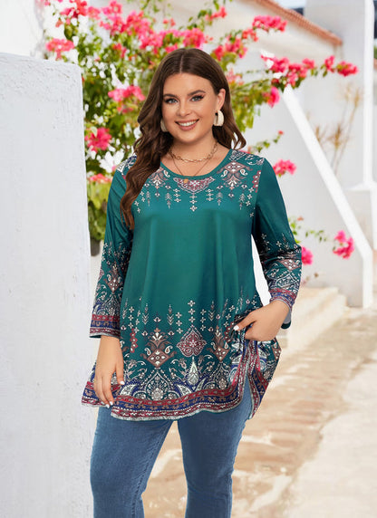 Women's Plus Size Teal & Blue Floral Tunic Top – 3/4 Sleeve Swing Flare Blouse