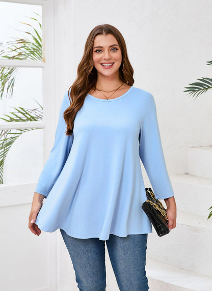 Women's Plus Size Tunic Top | 3/4 Sleeve Light Blue Swing Flare Blouse for Leggings