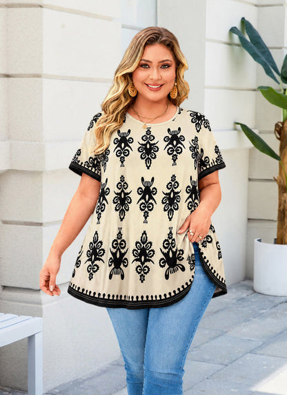Women's Plus Size Beige Paisley Floral Tunic Top – Short Sleeve Boho Swing Blouse