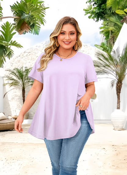 Lavender Purple Short Sleeve Swing Tunic Top – Women's Plus Size Crew Neck Flowy Blouse to Wear with Leggings (S–7XL)