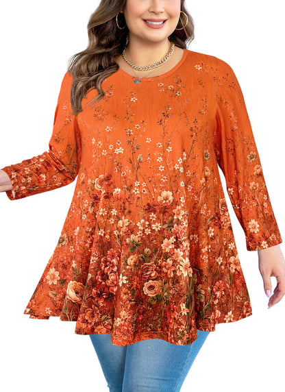 Women's Orange & Black Plus Size Tunic Top – 3/4 Sleeve Flowy Blouse