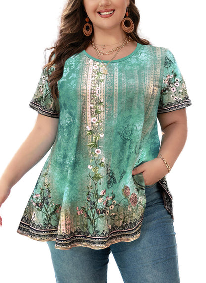 Women's Plus Size Floral Tunic Top – Short Sleeve, Flowy Swing Blouse to Wear with Leggings