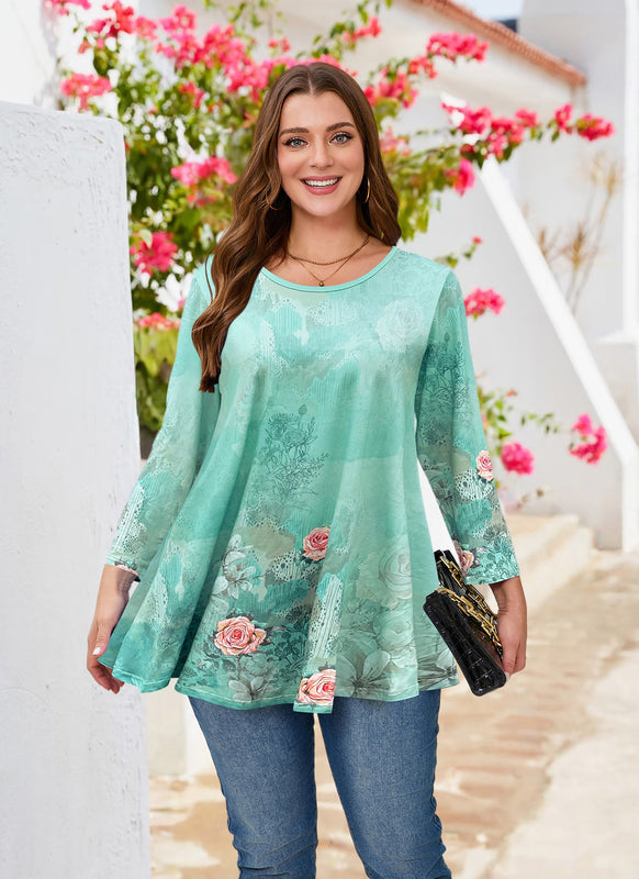 Women's Plus Size Tunic Top | 3/4 Sleeve Blue Floral Print Swing Flare Blouse