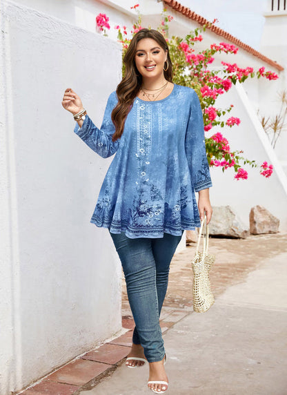 Women's Light Blue Plus Size Swing Tunic Top – 3/4 Sleeve Flowy Blouse