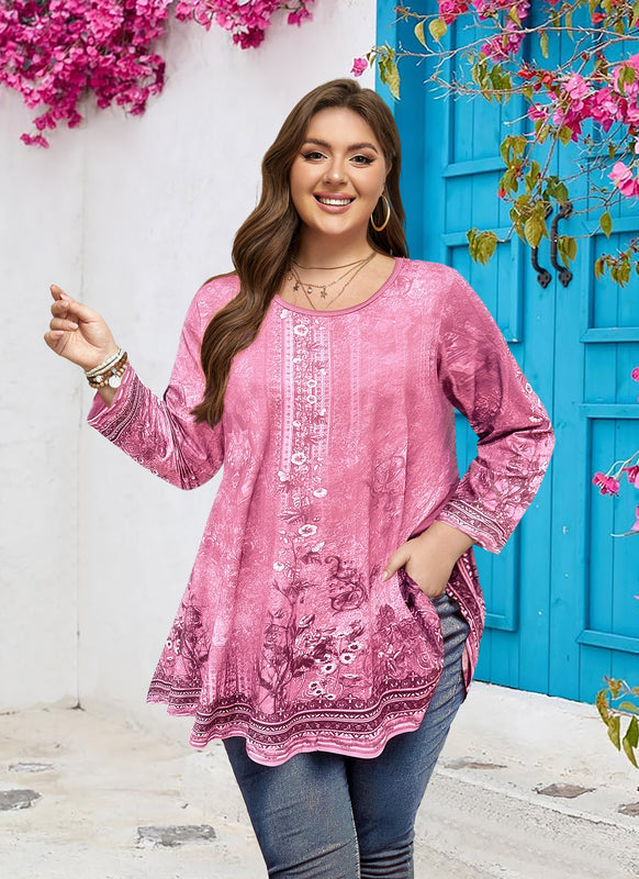 Women's Plus Size Pink Boho Floral Tunic Top – 3/4 Sleeve Vintage Embroidery Print Blouse