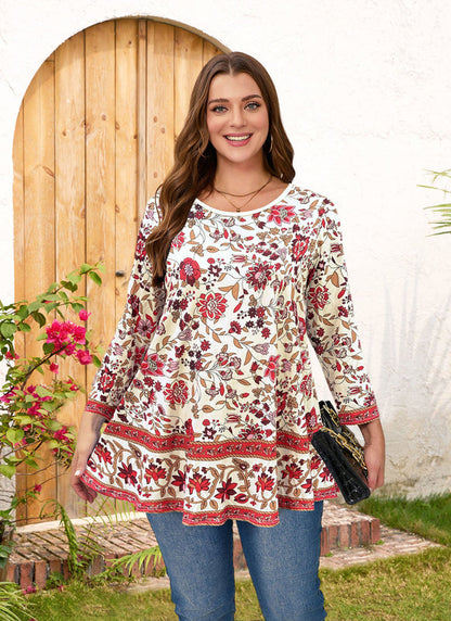 Women's Plus Size Red Boho Floral Tunic Top – 3/4 Sleeve Ruffle Hem Blouse